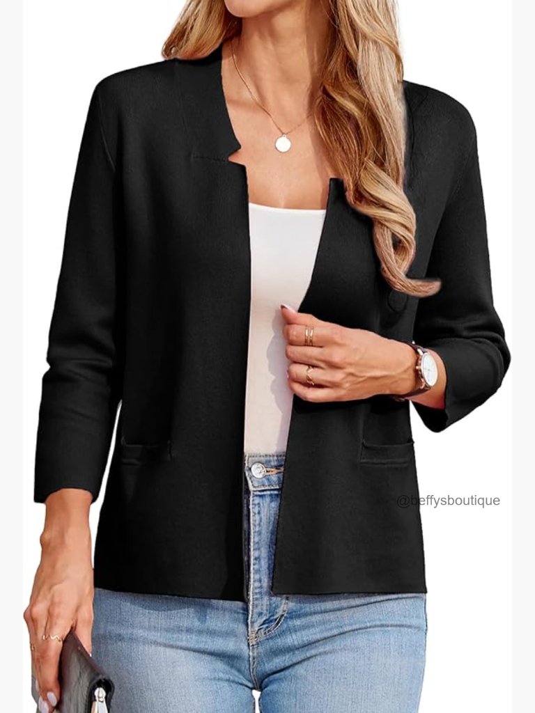 Cropped Knit Blazer 3/4 Sleeve Notch Collar Lightweight Cardigan Business Casual